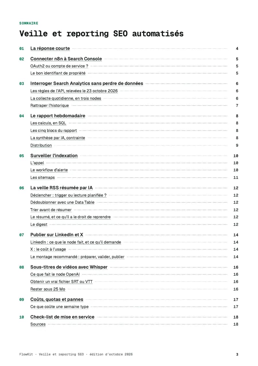 Page de sommaire du guide « Veille et reporting SEO automatisés »