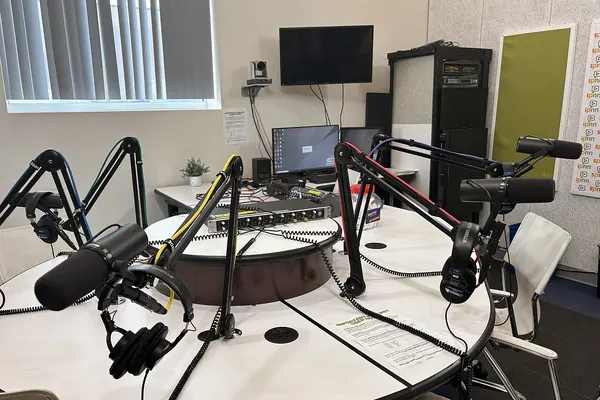 Microphones in a podcast studio